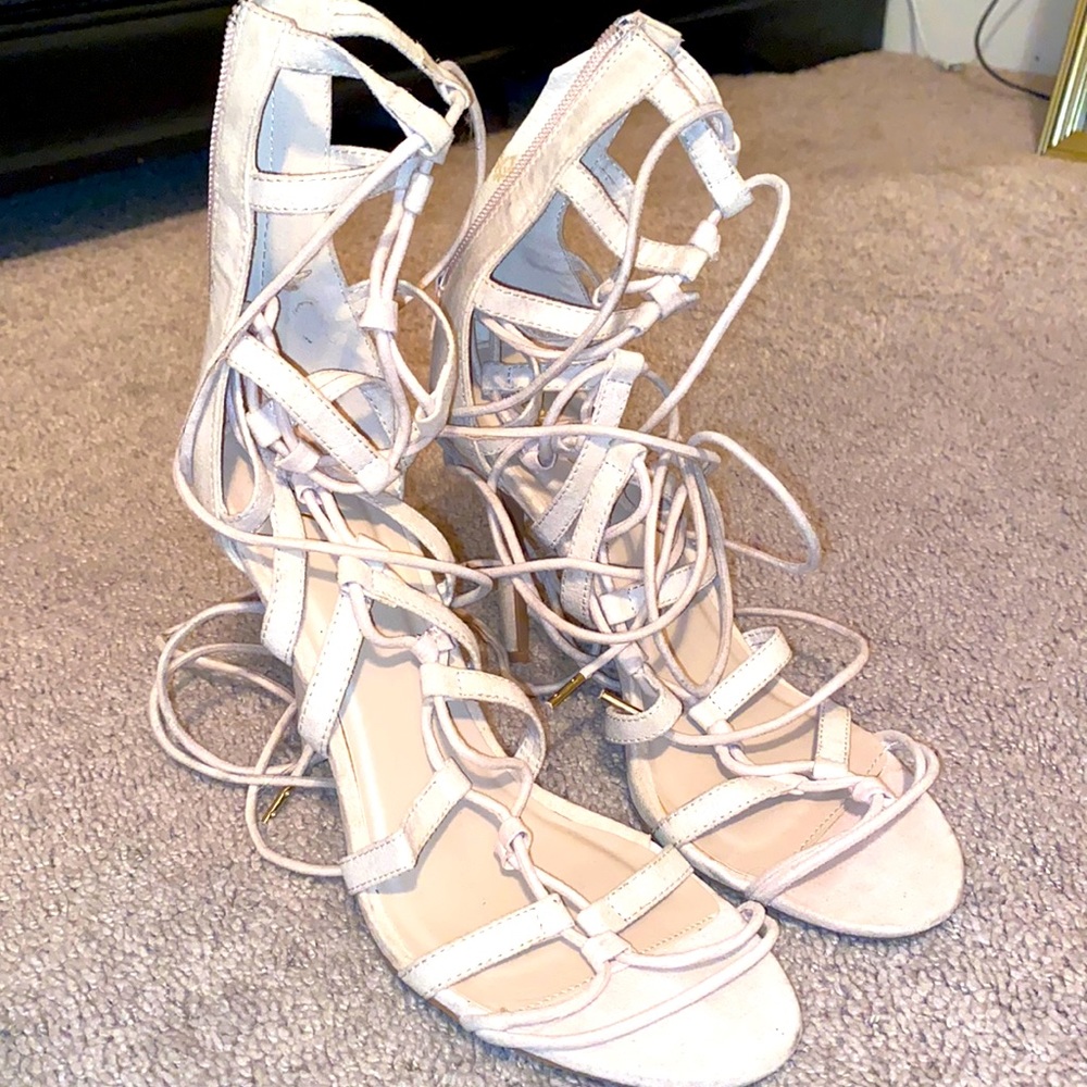 Beige Tie Up Open Toe Heels